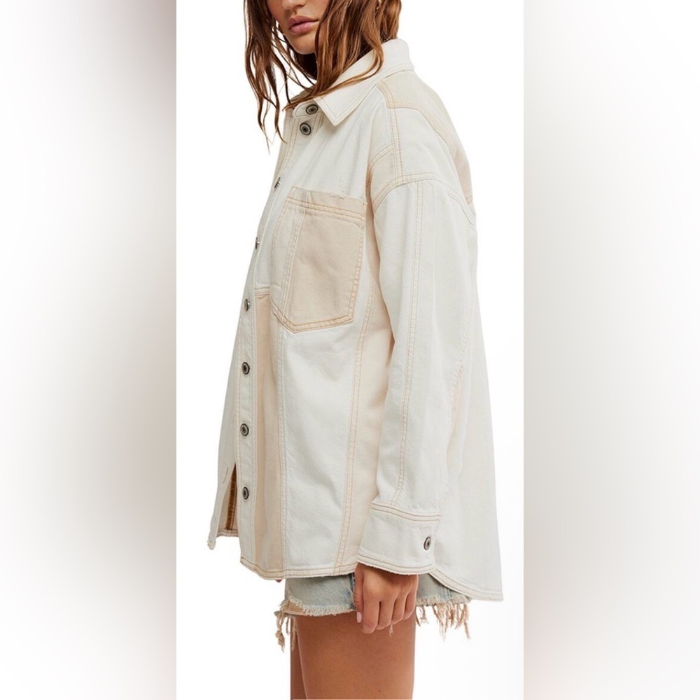 NEW FREE PEOPLE Ivory Mountain Roads Denim Button-Up ivory combo Shirt jacket L - Picture 3 of 9